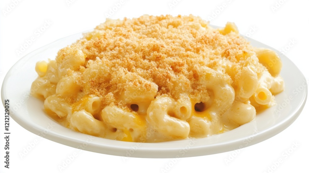 A plate of gourmet macaroni and cheese with a golden-brown breadcrumb crust, Each creamy pasta shell coated in rich cheese sauce and baked to perfection A plate of gourmet macaroni and cheese with a golden-brown breadcrumb crust, Each creamy pasta shell coated in rich cheese sauce and baked to perfection