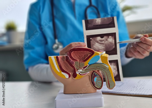 Foto Model of male reproductive system anatomy in a doctor office concept