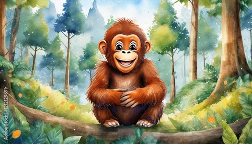 Cute baby Orangutan smiling happily in a forest background, children's book style, watercolor effect