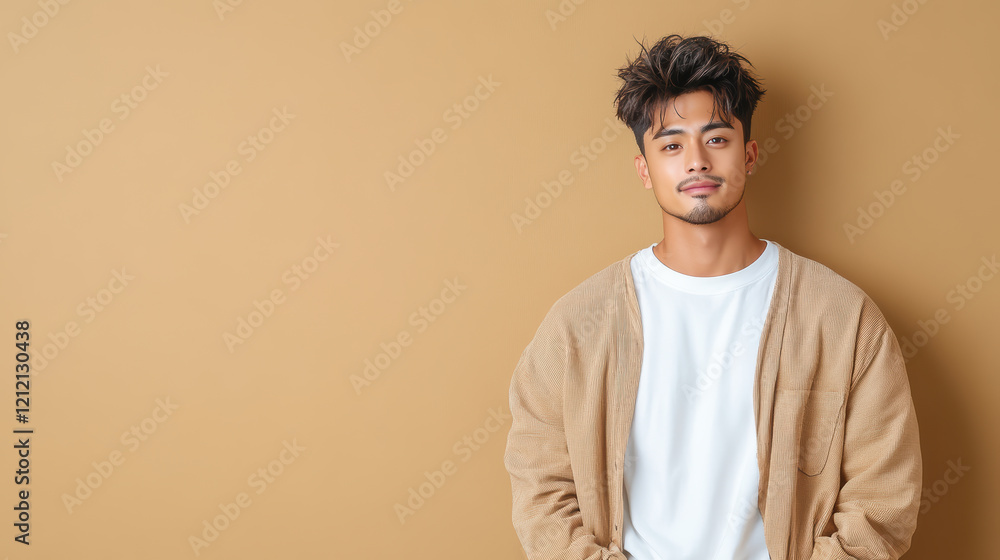 Trendy Asian man with casual style and stylish haircut against beige background Trendy Asian man with casual style and stylish haircut against beige background