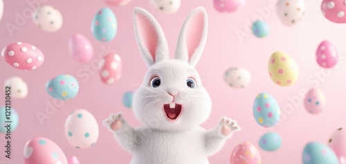 Whimsical bunny with excited expression, surrounded by floating pastel Easter eggs, perfect for holiday-themed designs