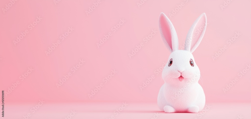 Obraz premium 3D illustration of a playful bunny with large ears and an excited expression, floating against a pastel pink setting