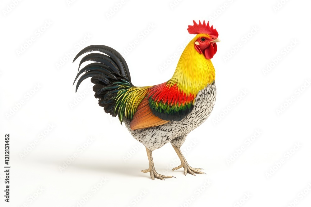 Vibrant, detailed rooster standing proudly against a plain background, showcasing its colorful plumage Vibrant, detailed rooster standing proudly against a plain background, showcasing its colorful plumage