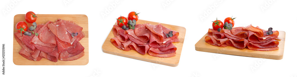 Tasty fresh bresaola isolated on white, top and side views Tasty fresh bresaola isolated on white, top and side views