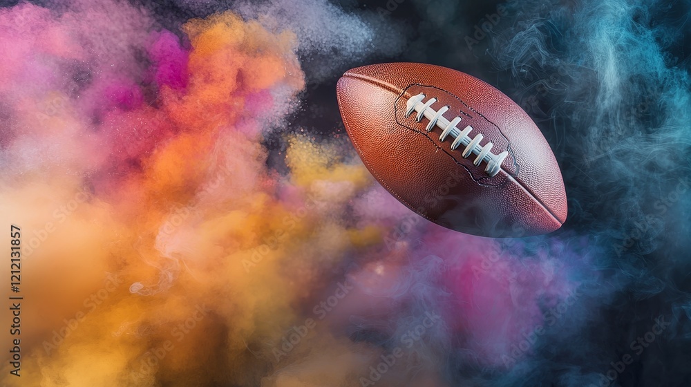 American football enveloped in vibrant, dynamic smoke, symbolizing energy and motion American football enveloped in vibrant, dynamic smoke, symbolizing energy and motion