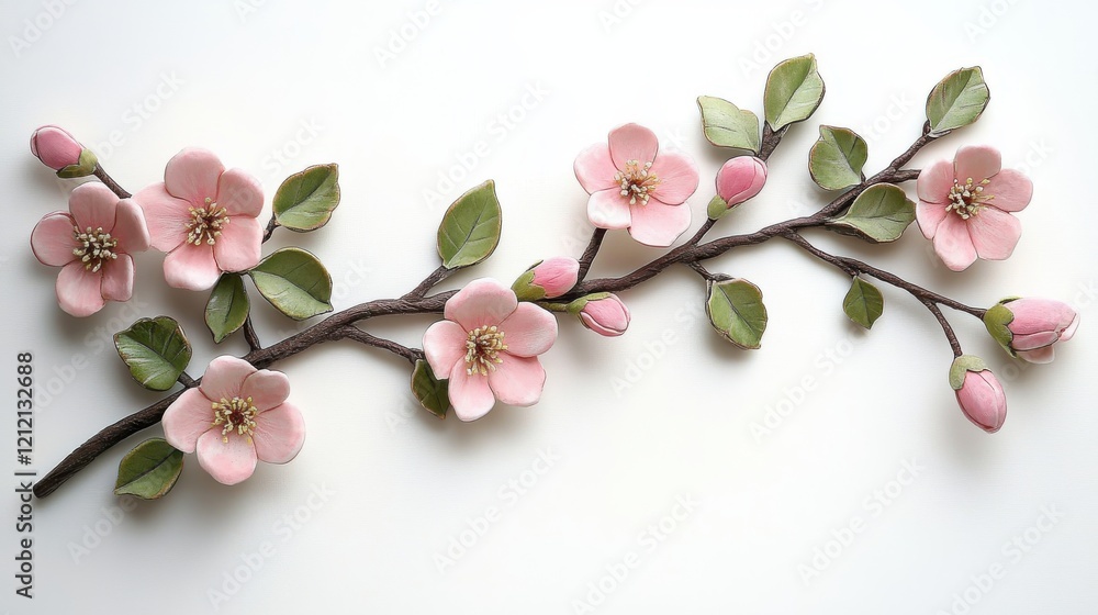 Delicate plum blossom branch icon with pink flowers and green leaves festive floral design white backdrop nature inspired Delicate plum blossom branch icon with pink flowers and green leaves festive floral design white backdrop nature inspired