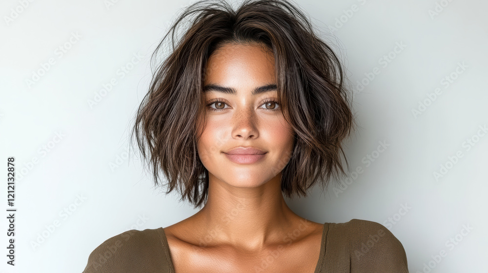 Elegant Asian woman with chic hairstyle and natural makeup, smiling softly Elegant Asian woman with chic hairstyle and natural makeup, smiling softly