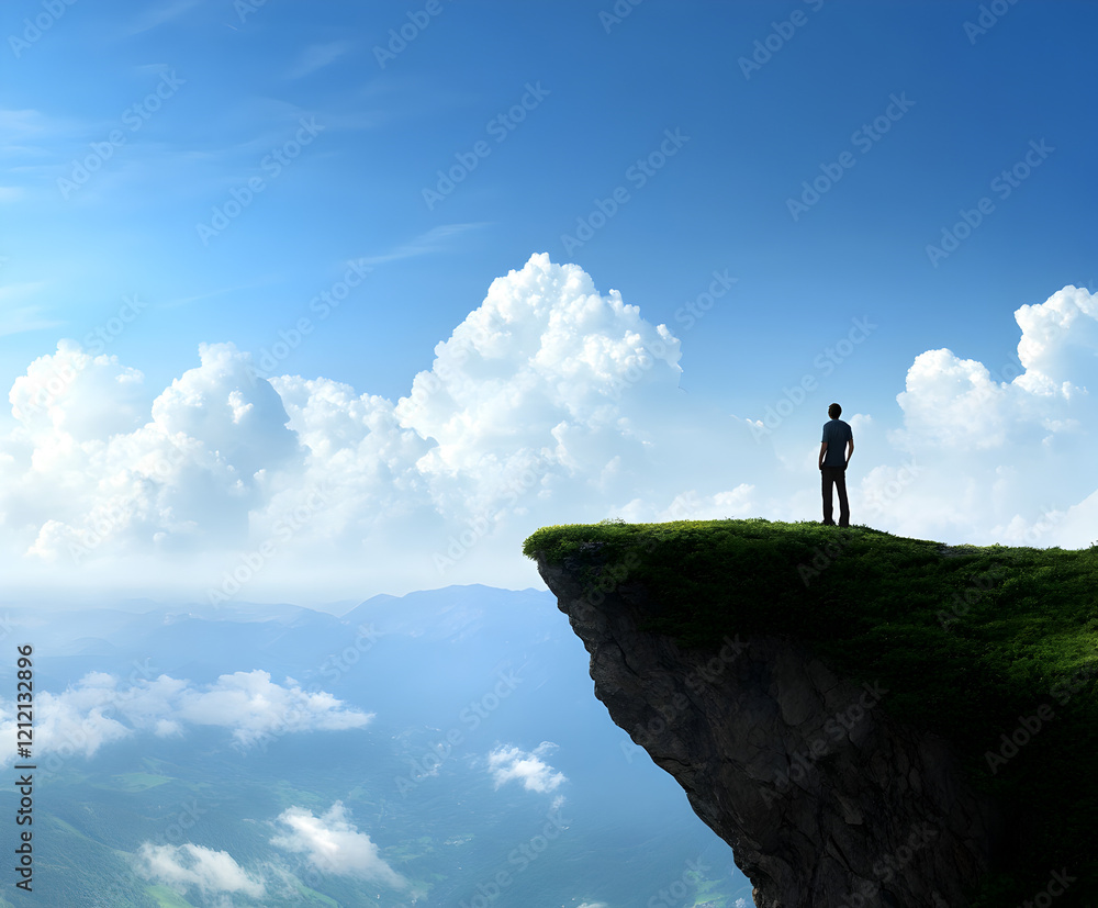 Obraz premium A figure standing at the edge of a cliff, looking out over a vast landscape of peaceful skies and bright horizons, symbolizing hope.