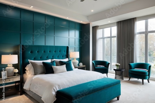 Master Bedroom Design With Teal Blue Headboard