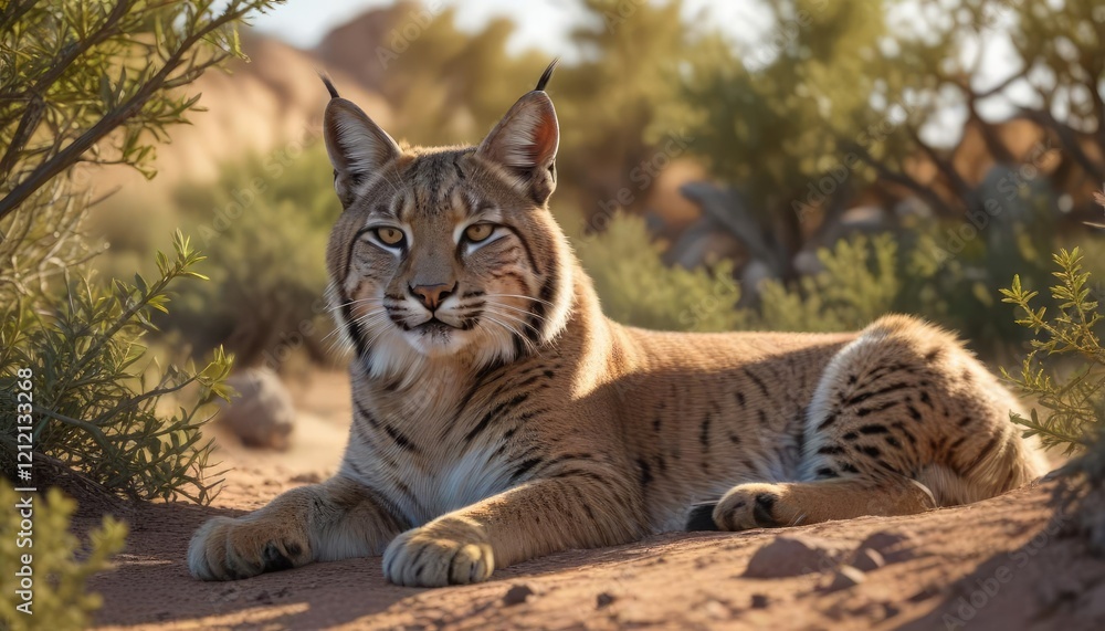 Obraz premium Desert landscape with a bobcat lying in a thorny bush, bobcat resting, scrubland terrain