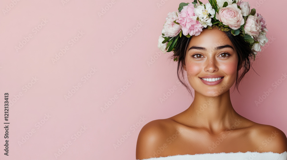 Whimsical Asian woman with flower crown smiling against pink background Whimsical Asian woman with flower crown smiling against pink background