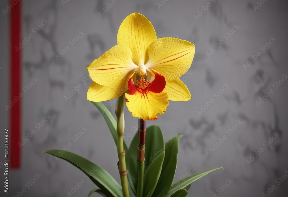 Fototapeta premium Detailed image of a bright yellow orchid with striking red stripes, blossom, unique