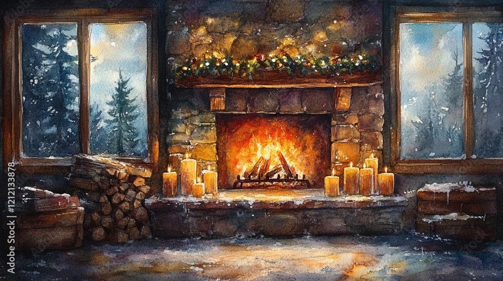 A painting of a fireplace with a mantle and a window A painting of a fireplace with a mantle and a window