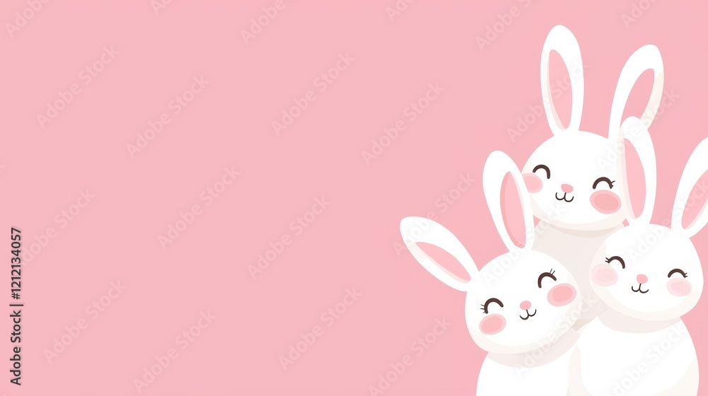 Cute white bunny figurines are positioned against a soft pink background, creating a charming and playful atmosphere.