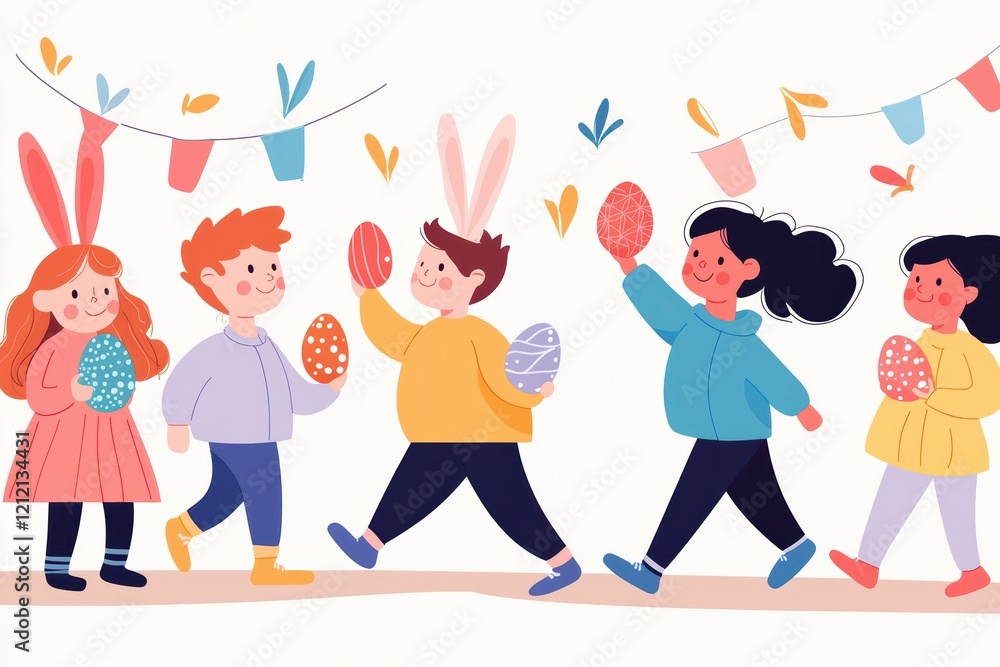 Fototapeta premium Easter parade featuring children in bunny costumes, holding eggs and decorations, flat design illustration