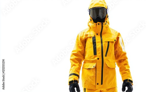 Vibrant yellow ski suit with reflective accents and waterproof fabric, isolated on white photo