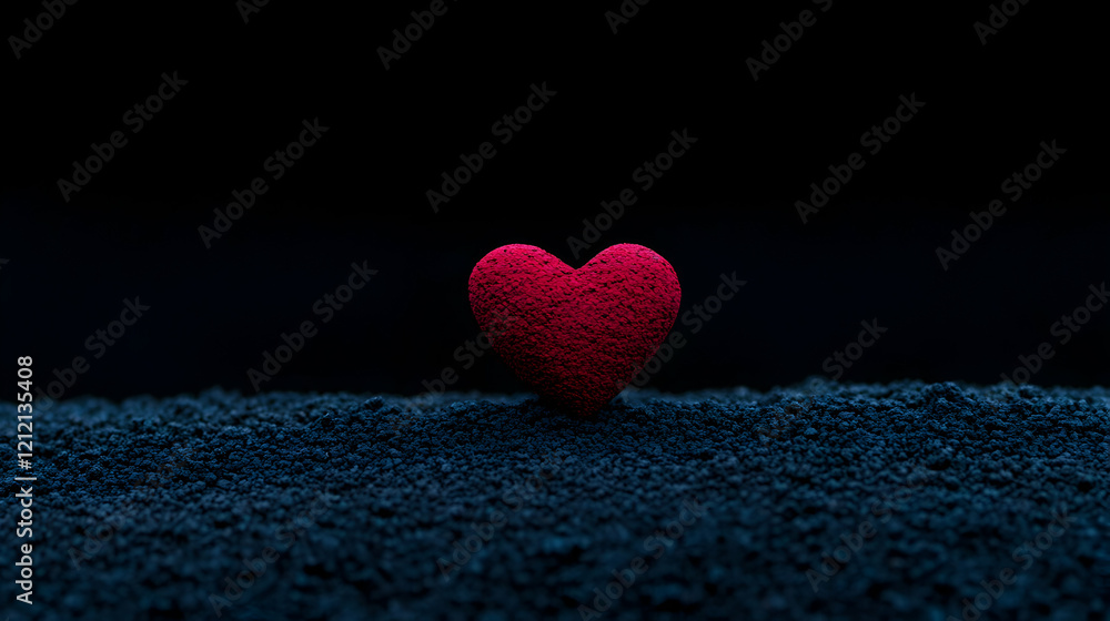 Fototapeta premium Minimal art, Minimalist red heart resting on dark blue sand, symbolizing deep emotional connection against stark black backdrop