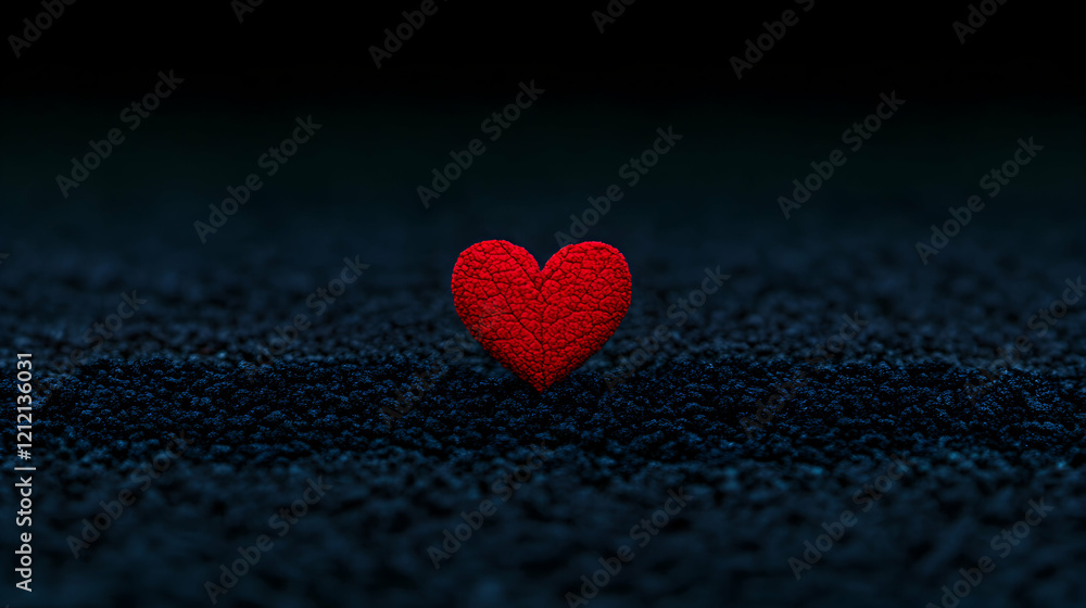 Obraz premium Minimal art, Minimal art representing love growing in darkness, with a red textured heart standing on a dark granular surface
