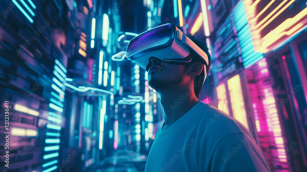 未来都市のCG背景でVRゴーグルをつけて歩くポーズをする日本人男性 未来都市のCG背景でVRゴーグルをつけて歩くポーズをする日本人男性