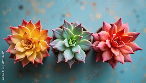 Vibrant Succulent Plants on Blue Background, Perfect for Botanical Garden Themes photo