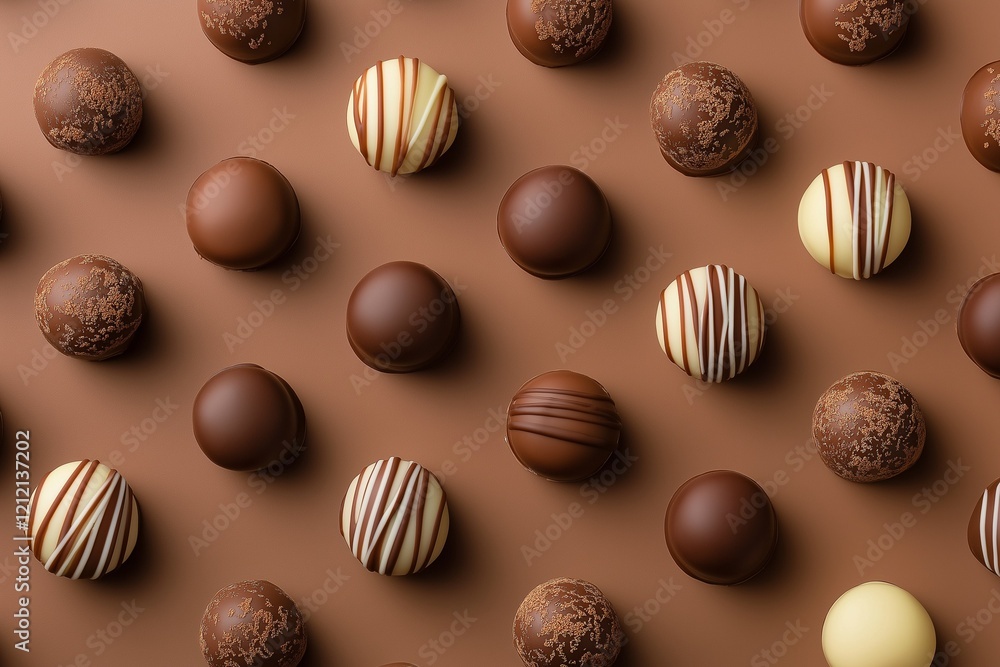 Pattern of chocolate truffles on soft brown background, flat lay Pattern of chocolate truffles on soft brown background, flat lay