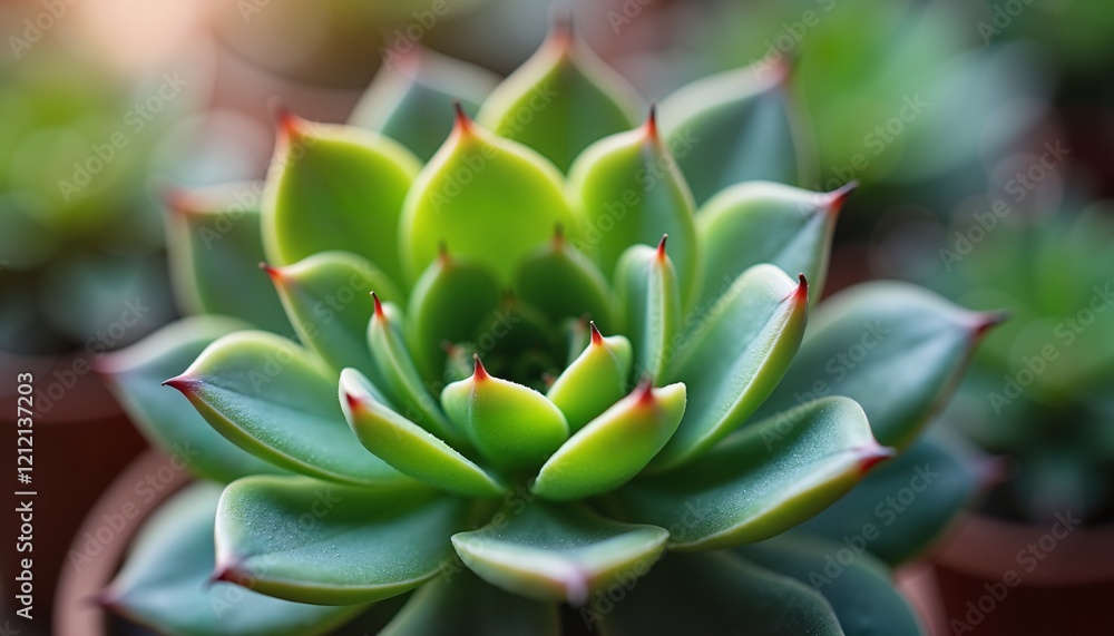 Close-up of Green Succulent with Red Tips in Soft Light, Ideal for Botanical Illustrations Close-up of Green Succulent with Red Tips in Soft Light, Ideal for Botanical Illustrations