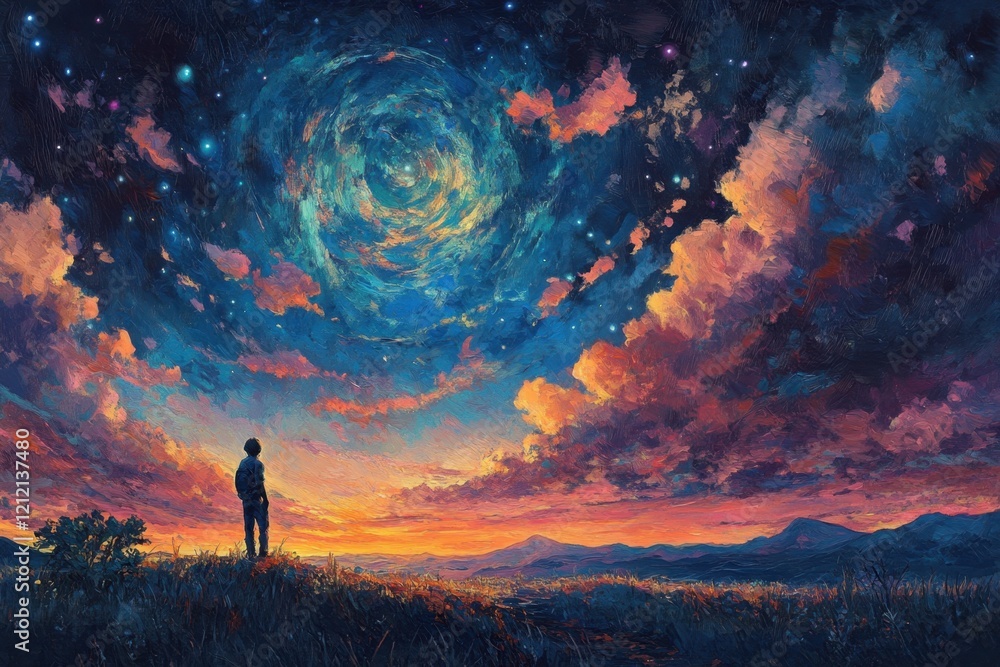 Fototapeta premium illustration of a person looking at the sky with beautiful clouds