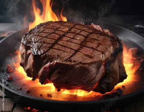 Flames and smoke surround a juicy medium rare steak on a black skillet, seared steak, flames, meaty