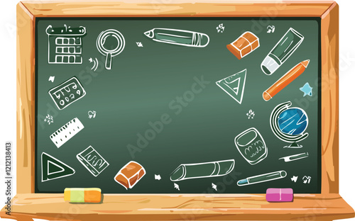 A vector illustration of a chalkboard with a wooden frame, complete with chalk dust and hand-drawn elements, suitable for educational or rustic designs