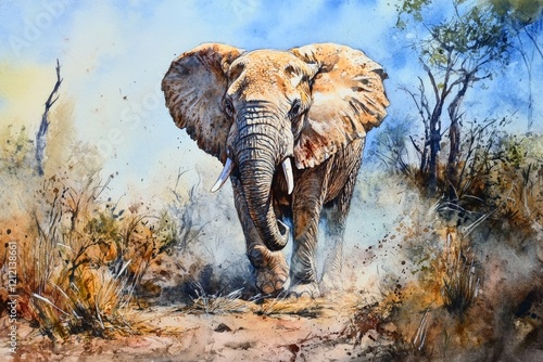 Watercolor painting of wild elephant in the savannah. photo