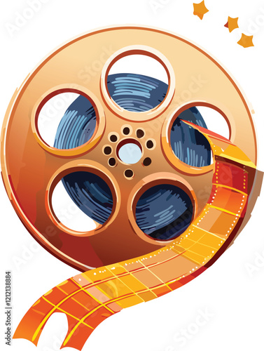 vector illustration of a film reel with spilling film, cinematic retro style with intricate details photo