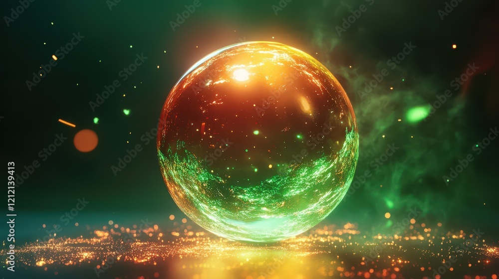 Fototapeta premium Glowing Orb Resting on Sparkly Surface Amidst Green and Orange Lights