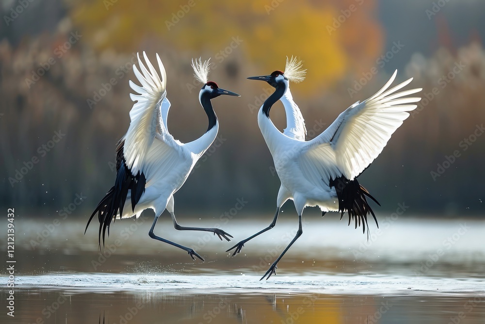 Fototapeta premium Two graceful cranes dance elegantly over the shimmering water during the golden hour in a serene wetland. Generative AI