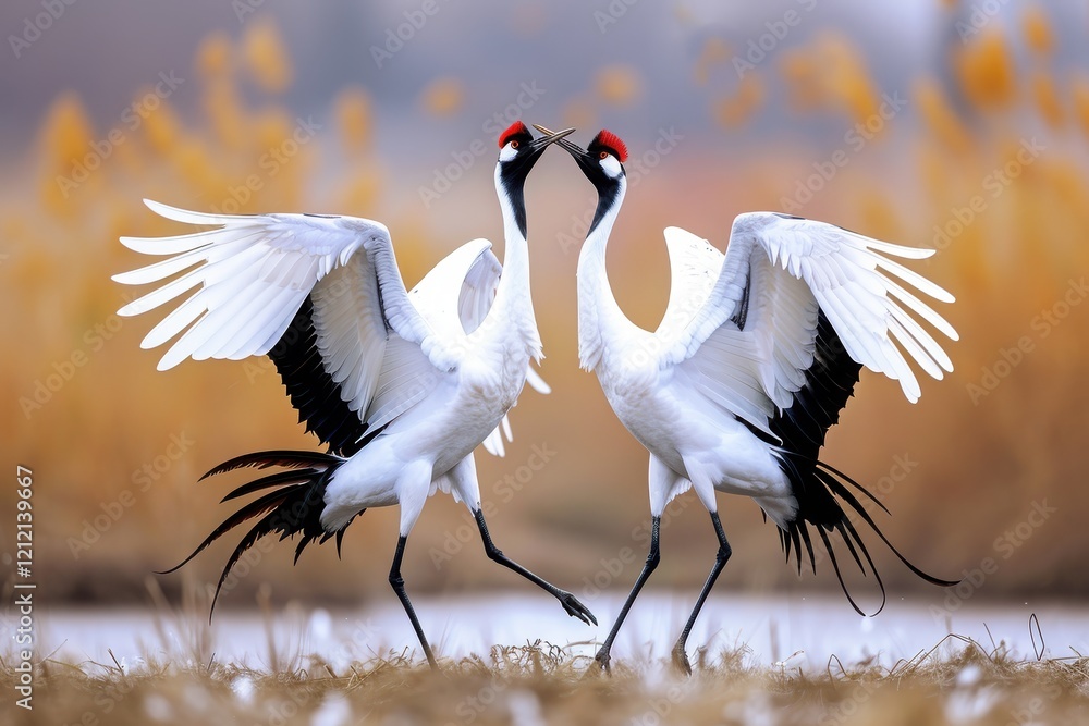 Obraz premium Majestic cranes engage in a beautiful courtship dance in a serene wetland during the early morning light of autumn. Generative AI