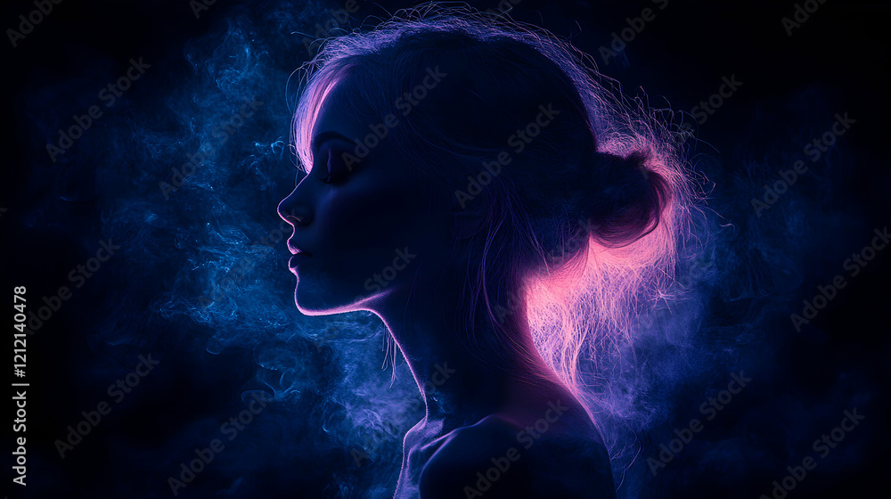 Minimal art, Serene female profile emerging through swirling pink and blue smoke against dark minimalist backdrop, artistic portrait concept Minimal art, Serene female profile emerging through swirling pink and blue smoke against dark minimalist backdrop, artistic portrait concept