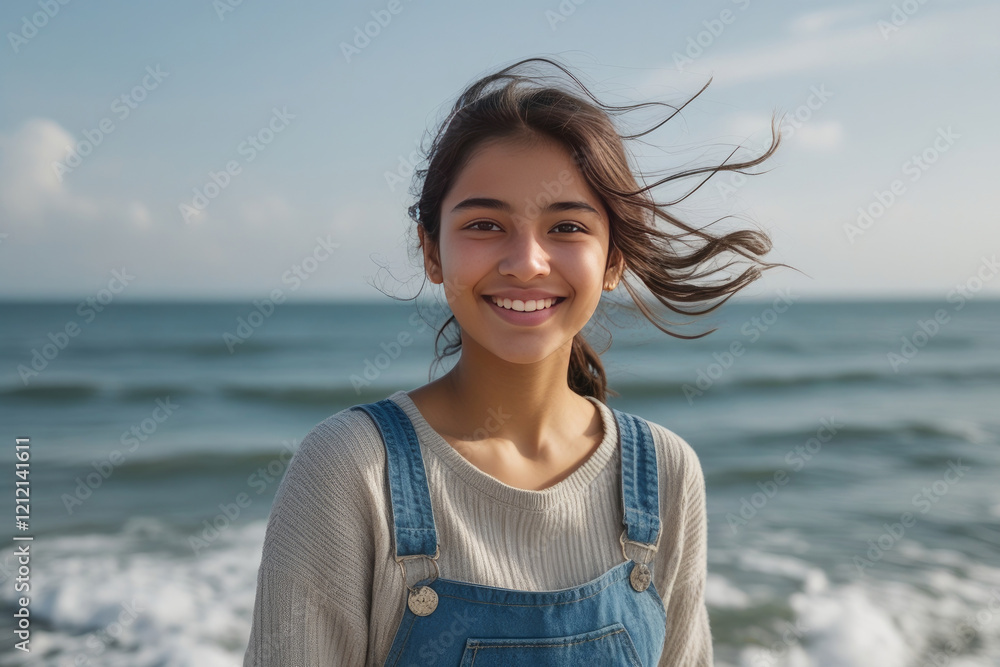 Portrait of young woman at sea looking at camera. Smiling latin hispanic girl standing at the beach and looking at camera. Happy mixed race girl in casual outfit with wind in her hair. AI Portrait of young woman at sea looking at camera. Smiling latin hispanic girl standing at the beach and looking at camera. Happy mixed race girl in casual outfit with wind in her hair. AI