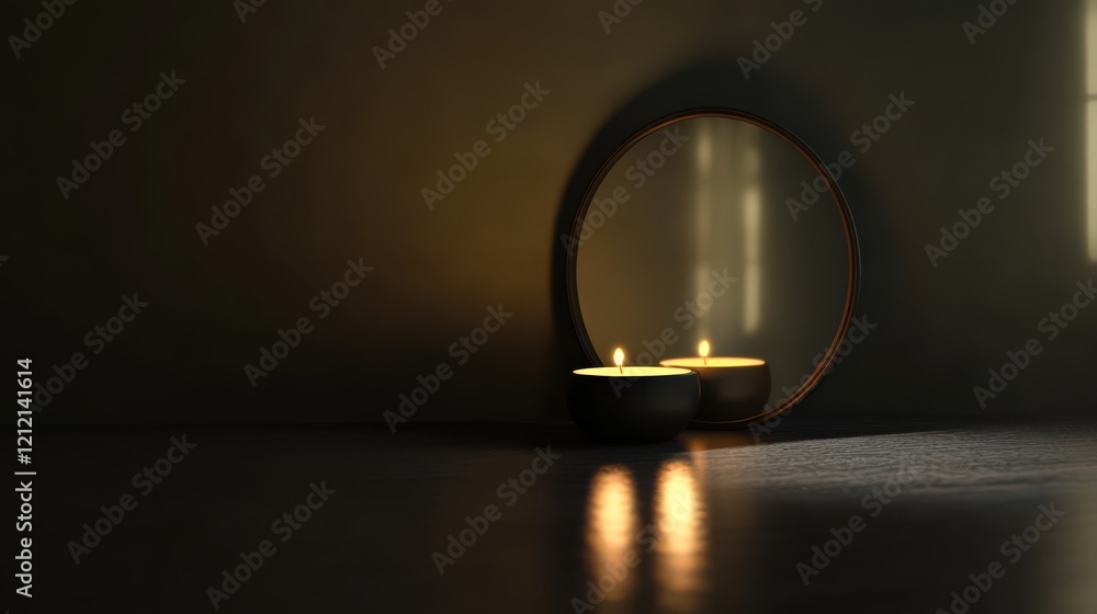A single glowing candle reflecting in a small mirror, dimly lit room, peaceful interior ambiance, and serene simplicity. A single glowing candle reflecting in a small mirror, dimly lit room, peaceful interior ambiance, and serene simplicity.