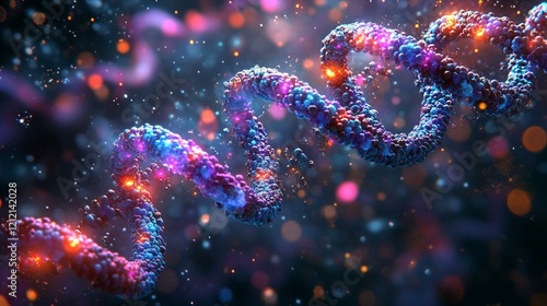 A digital rendering of a genetic sequence on a holographic display, with colorful nucleotides highlighted along a DNA strand. 202 photo