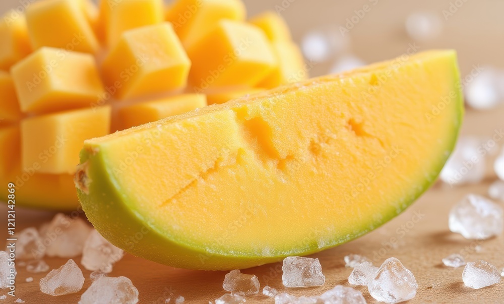 Fresh mango slice with cubes, vibrant color Fresh mango slice with cubes, vibrant color