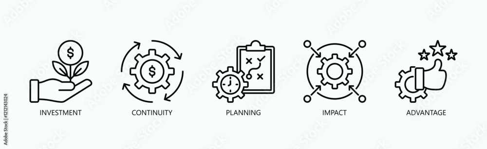 Strategic Edge Icon Set Isolated Vector With Icon Of Investment, Continuity, Planning, Impact, Advantage In Outline Style Strategic Edge Icon Set Isolated Vector With Icon Of Investment, Continuity, Planning, Impact, Advantage In Outline Style