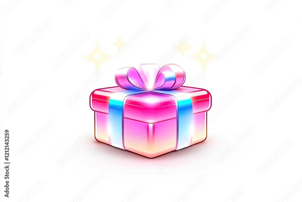 Obraz premium Colorful gift box with a shiny ribbon, glowing against a white background, ideal for celebrations