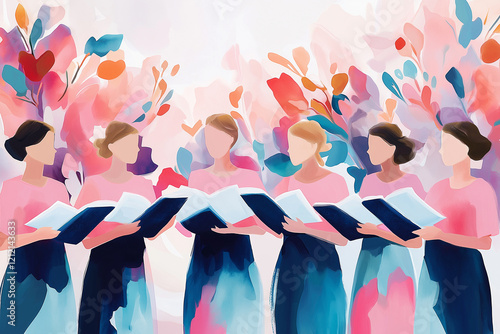 A group of choir singers. Watercolor illustration. Music.	
