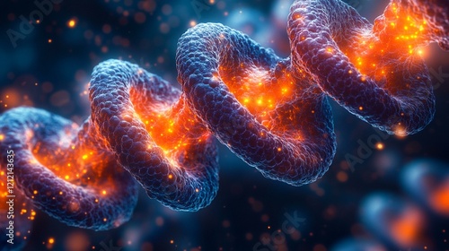 A detailed molecular image of a nucleotide sequence within a cell, showing base pairs connected by glowing bonds. 313 photo