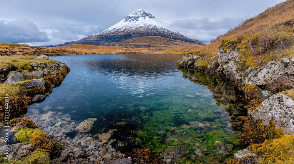 Snowy peak reflected in calm highland loch. Use Travel brochure Snowy peak reflected in calm highland loch. Use Travel brochure