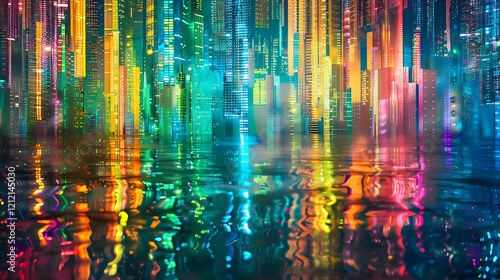 Vibrant Cityscape Reflecting In Water At Night