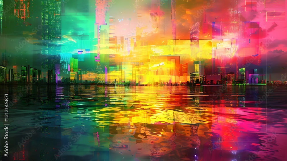 Fototapeta premium Vibrant Cityscape Reflected In Colorful Waters