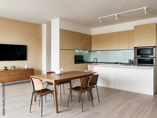 mock up  modern interior background  kitchen  Scandinavian style  3D render  3D illustration wood style