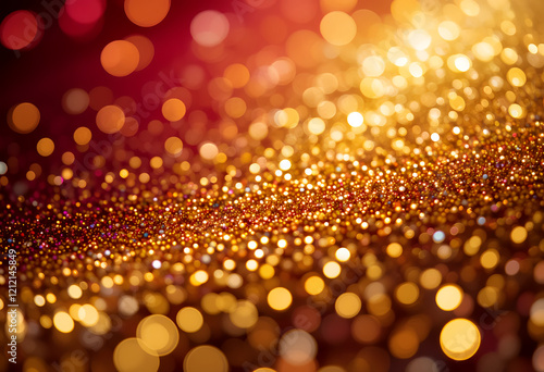 red abd yellow glitter background, macro photography, sparkling texture, shimmering particles, festive holiday theme photo