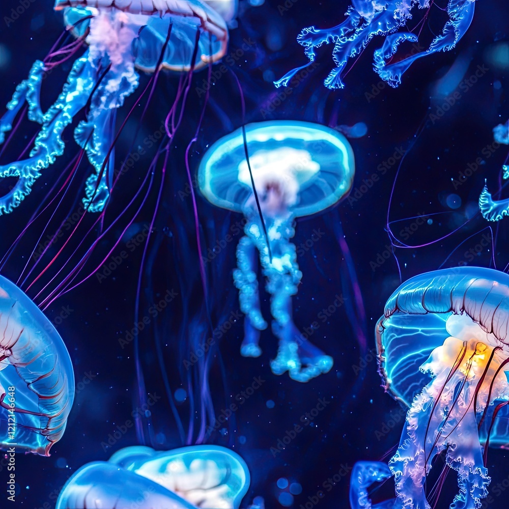 Naklejka premium Abstract jellyfish with flowing, glowing tendrils in a 3D underwater theme . Seamless abstract 3d pattern background
