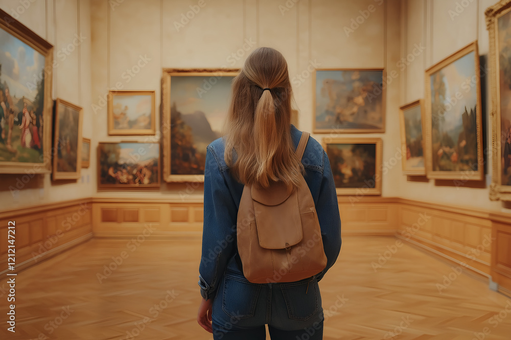 Back view of attractive woman in art gallery museum. Back view of attractive woman in art gallery museum.